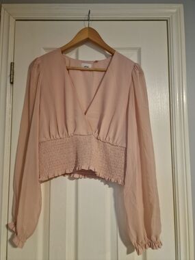 Aritzia Wilfred Wistful Blush Pink V-Neck Smocked Waist Blouse - Size Large